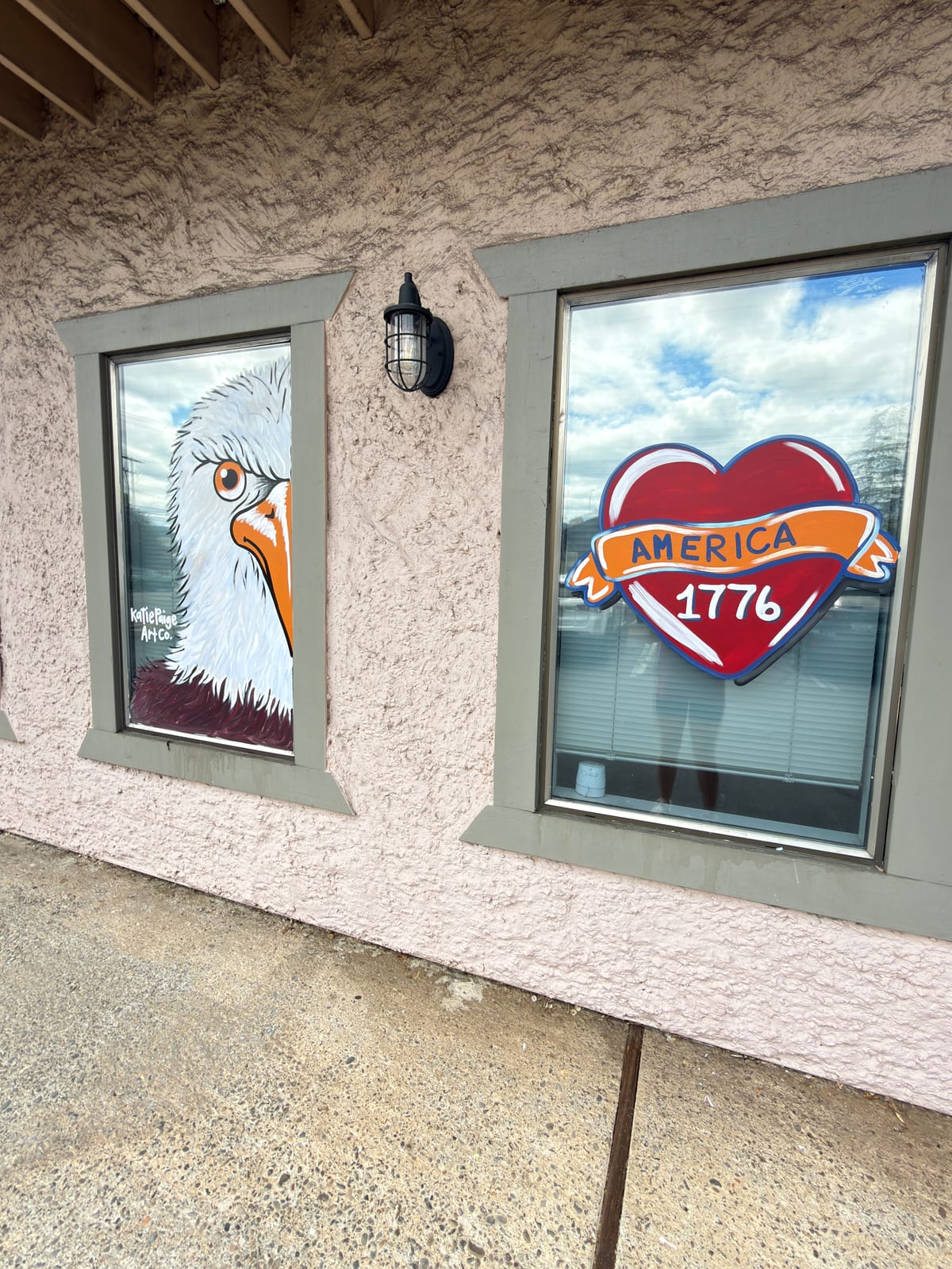 America 1776 and bald eagle window paintings by Katie Paige Art Co
