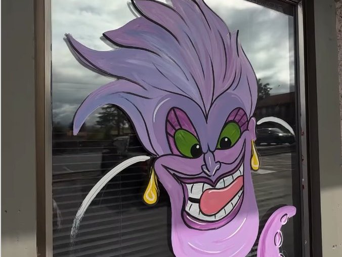 Purple sea-witch window painting from Katie Paige Art Co’s Halloween villain set