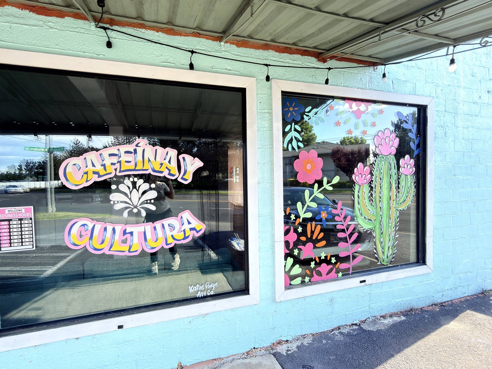 Cafeína y Cultura storefront windows painted by Katie Paige Art Co